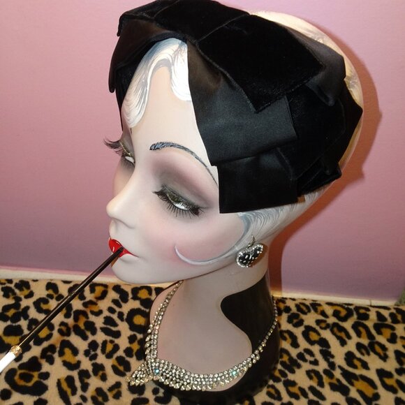 Vintage Black Velvet & Satin ILGWU Fascinator Hat Bow pinup retro rockabilly - Picture 7 of 16